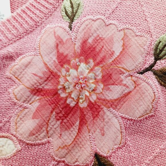 Sweater Size XL Peach Pink Embroidery Bead Bloomcore Grandmacore Applique Floral - Picture 8 of 16